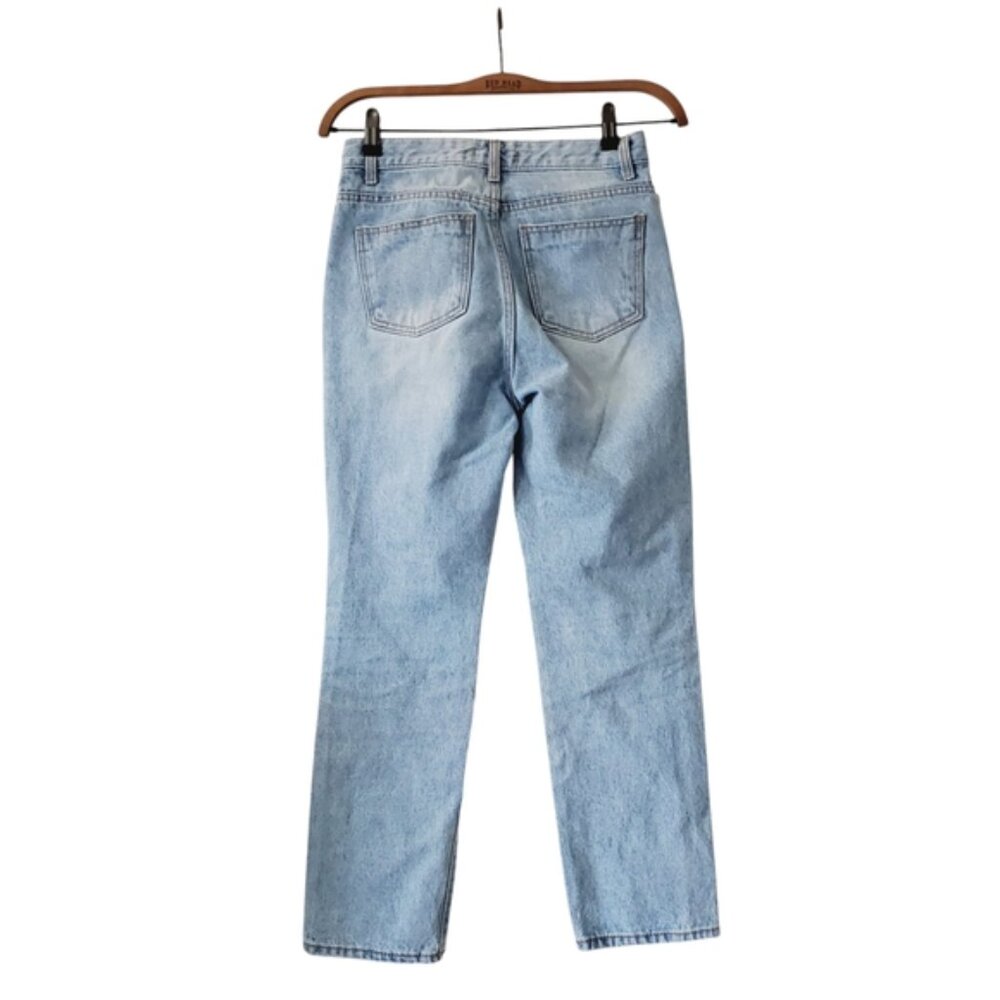 Oak & Fort Lightwash High Rise Rigid Distressed Straight Leg Mom Jeans S - Picture 3 of 7